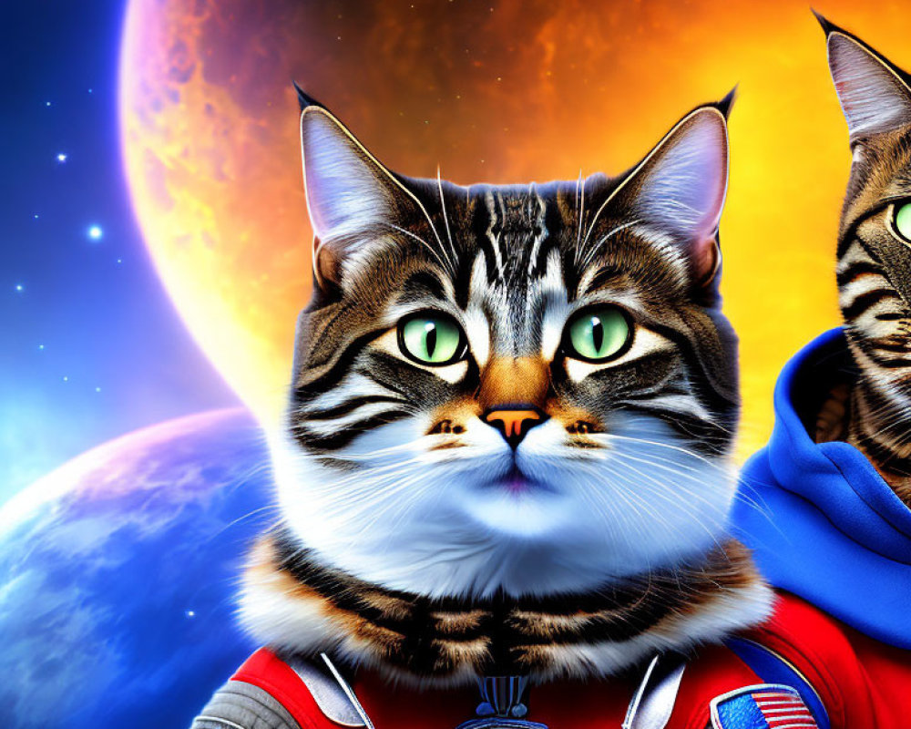 Two cats in astronaut suits with colorful planets in cosmic scene