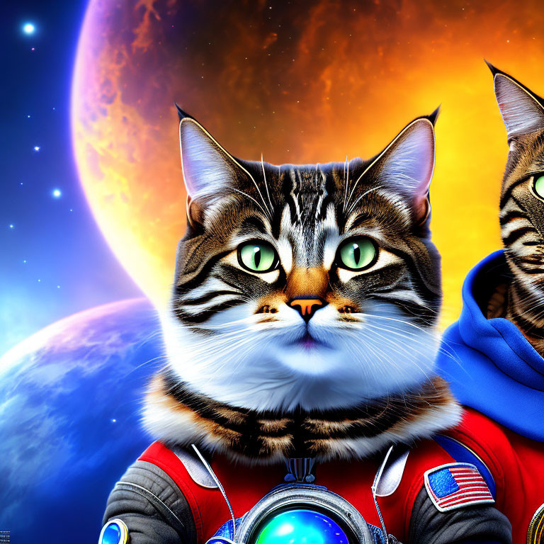 Two cats in astronaut suits with colorful planets in cosmic scene