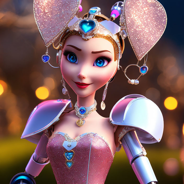 Fantasy female character with sparkling armor and tiara in enchanted forest