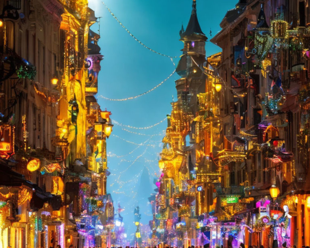 City Street at Twilight with Festive Lights and Historic Buildings