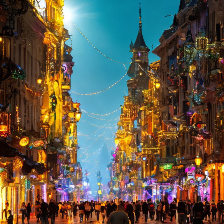 City Street at Twilight with Festive Lights and Historic Buildings