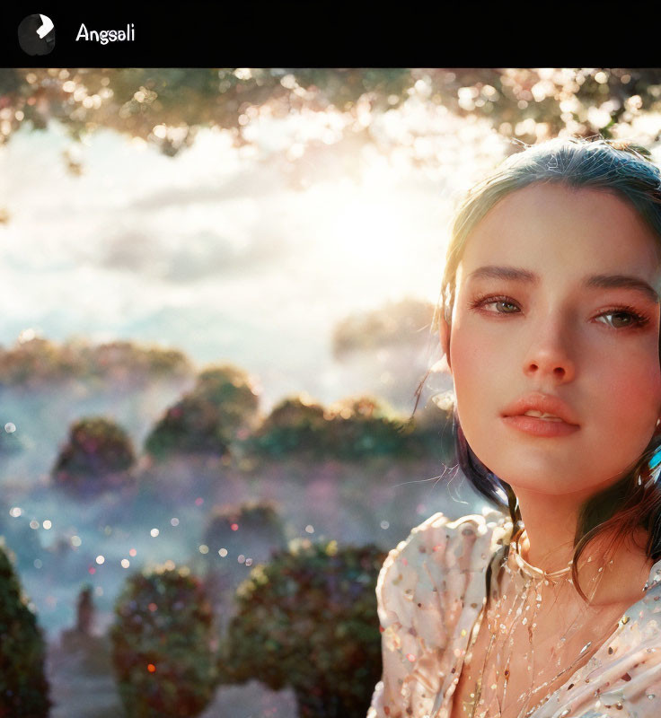 Woman in floral outfit smiling in soft sunlight with dreamy backdrop.