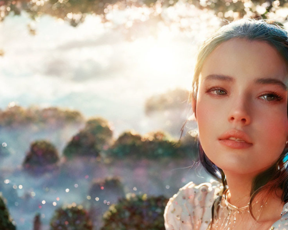 Woman in floral outfit smiling in soft sunlight with dreamy backdrop.