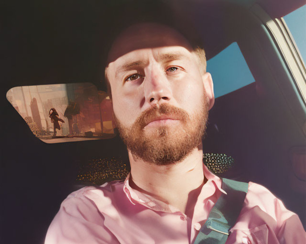 Man in Pink Shirt Contemplating Inside Car with Sunlight and Reflective Mirror