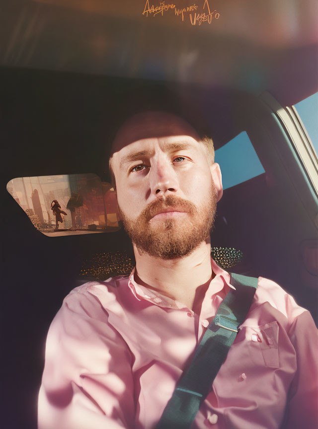 Man in Pink Shirt Contemplating Inside Car with Sunlight and Reflective Mirror