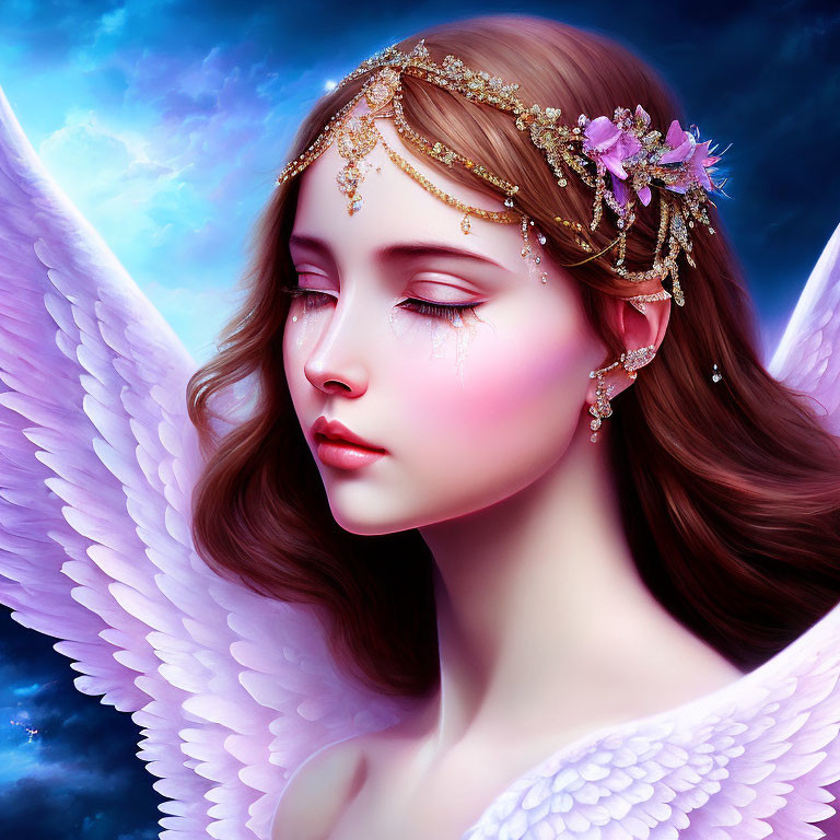 Golden headpiece and tear on angel against blue sky with white wings.