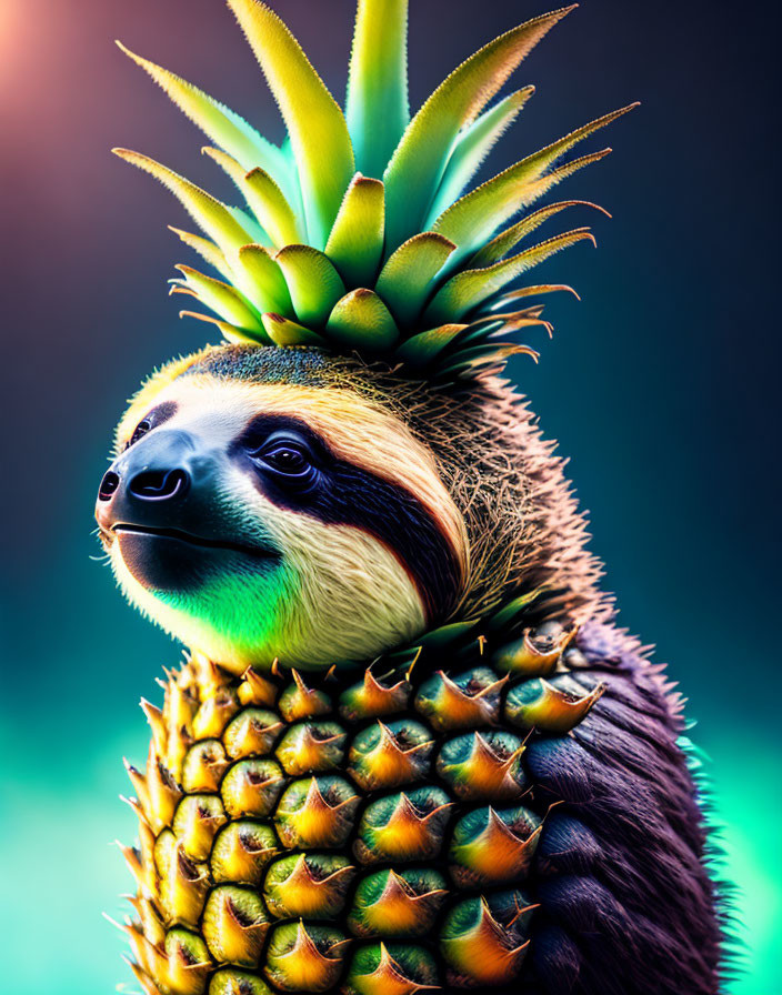 Digital artwork: Sloth face and claws on pineapple body in colorful background