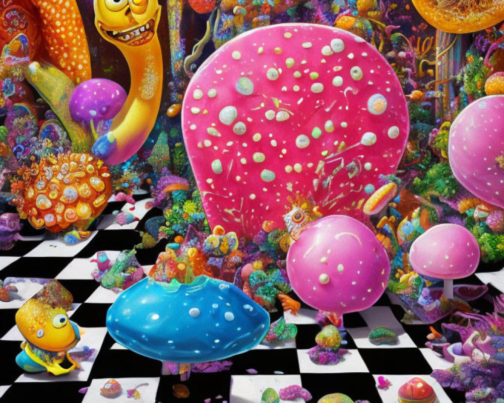 Colorful Psychedelic Artwork with Cartoonish Creatures and Pink Mushroom