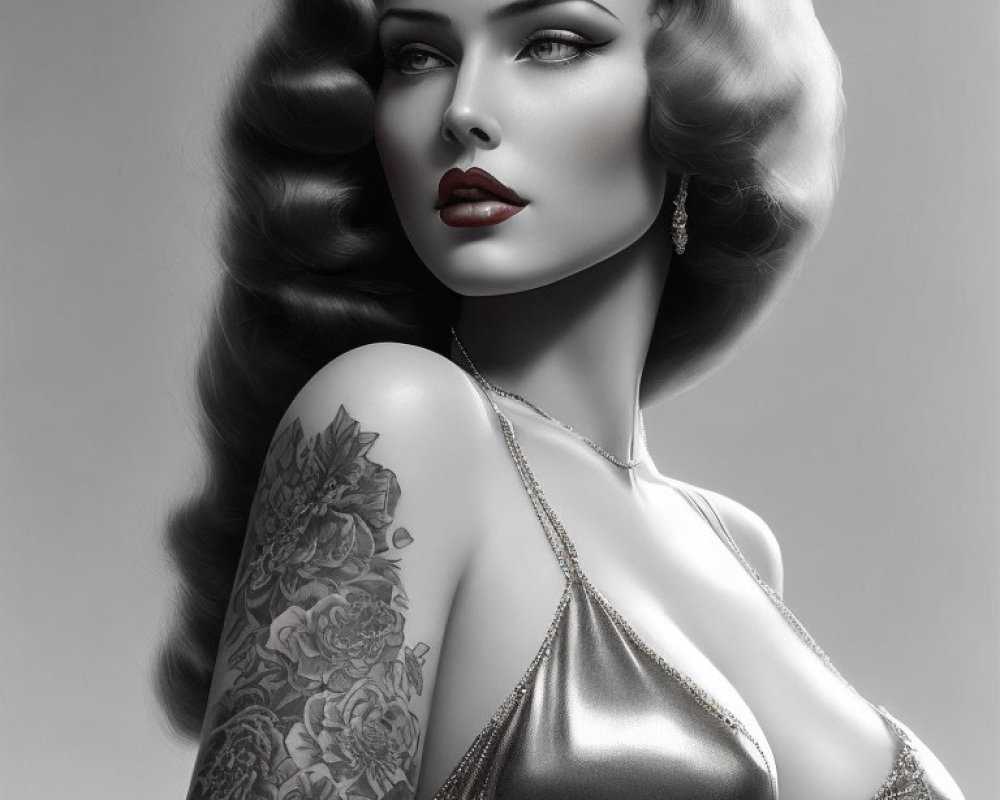 Monochrome image of woman with voluminous hair, red lips, floral tattoo, elegant dress.