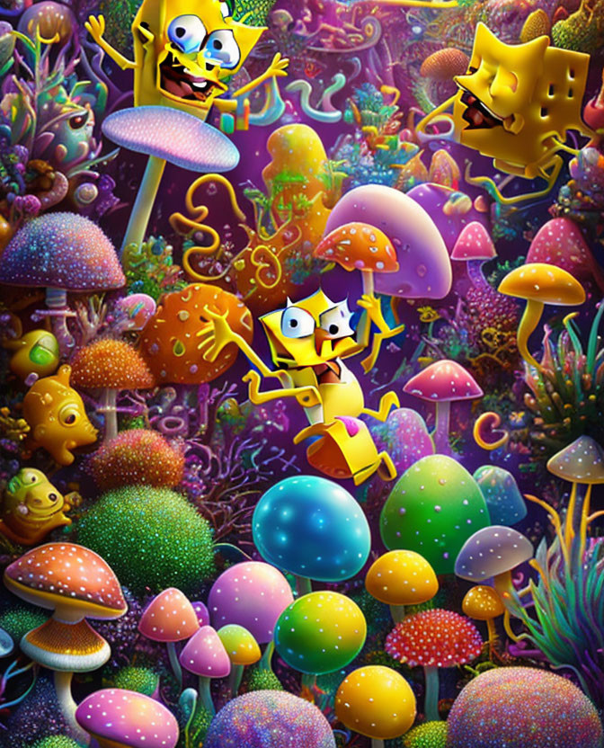 Yellow sponge characters frolicking among psychedelic mushrooms underwater