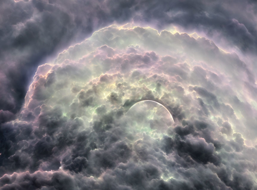 Celestial scene: Crescent moon in iridescent purple and green clouds