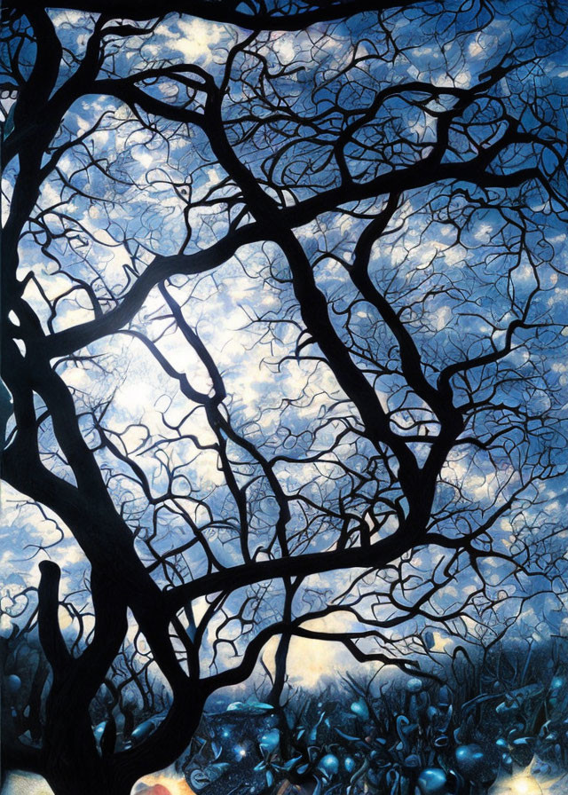 Twisted tree branches silhouetted against starry night sky