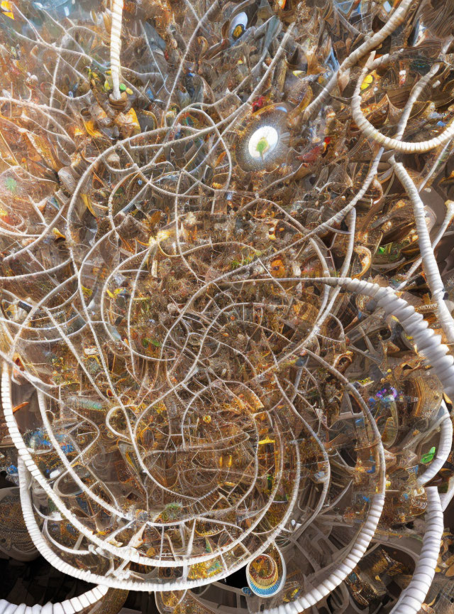 Abstract wire sculpture with reflective circles and suspended elements