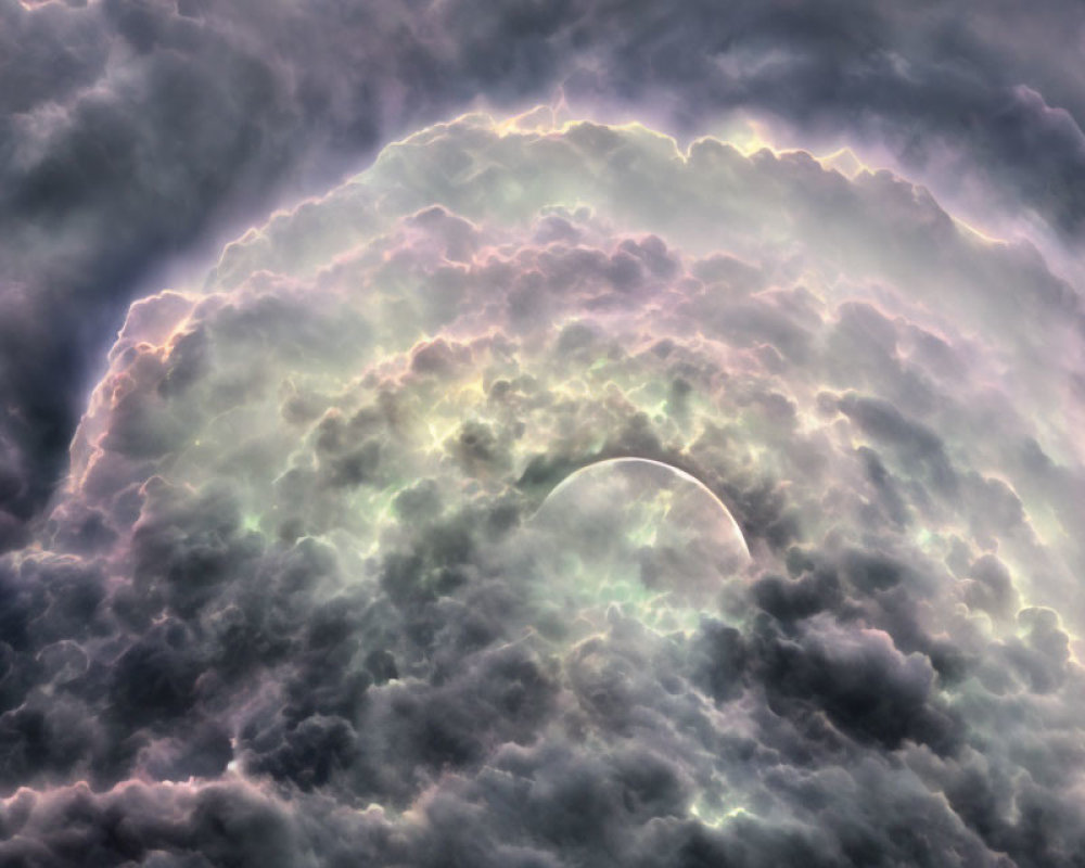 Celestial scene: Crescent moon in iridescent purple and green clouds