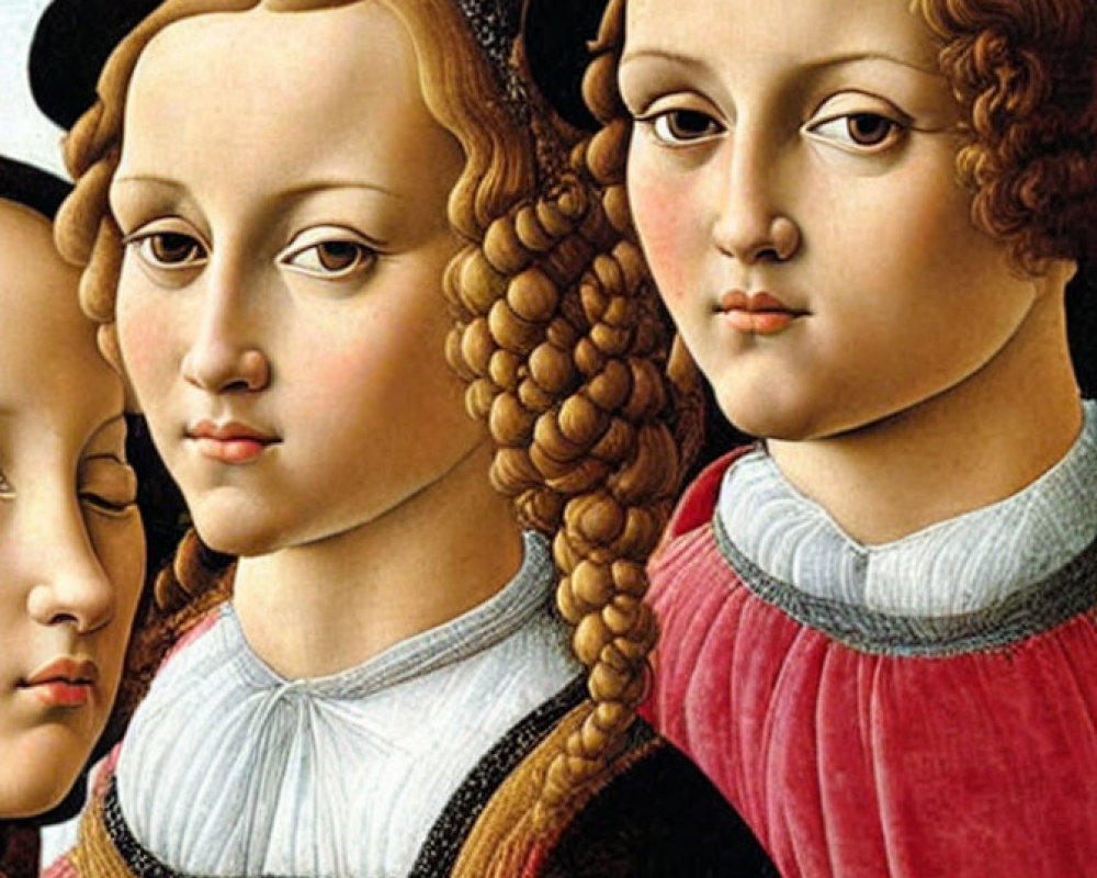 Detailed Renaissance portrait of three individuals in period clothing and headwear