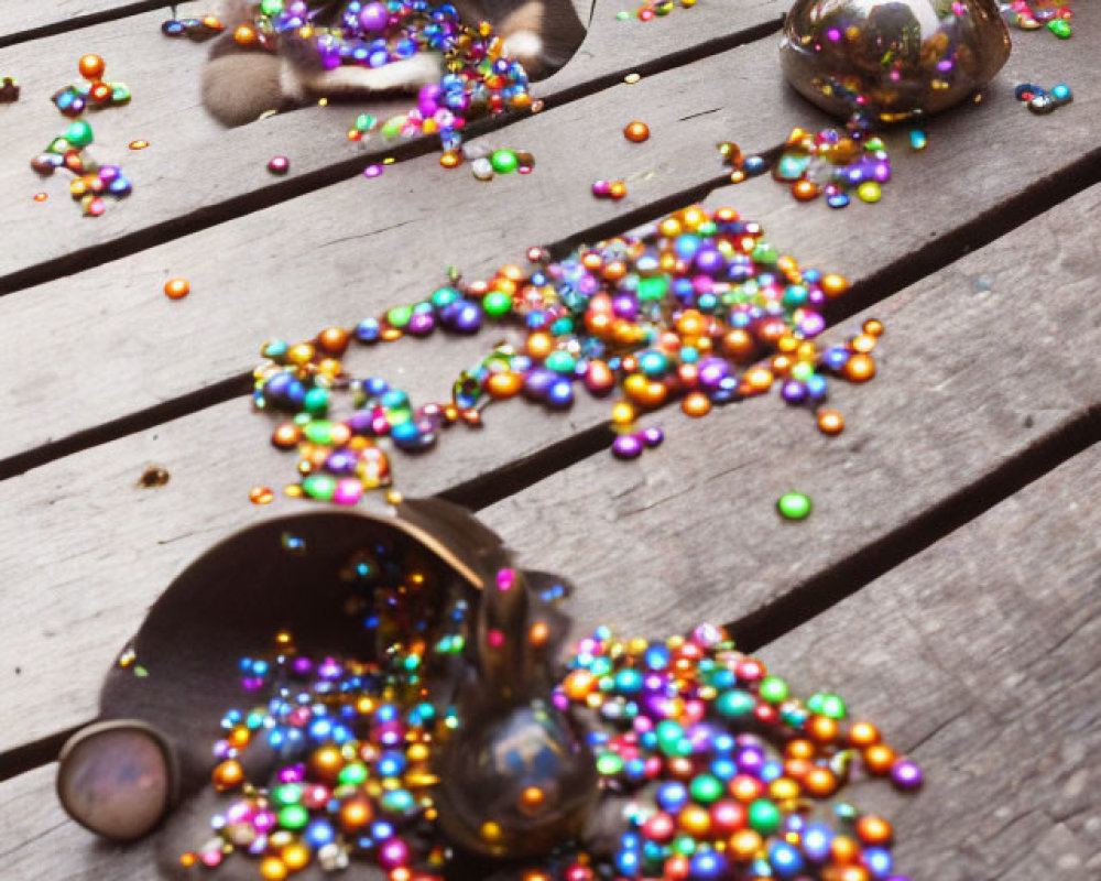 Colorful Beads and Hippo Toy with Sunglasses on Wooden Planks