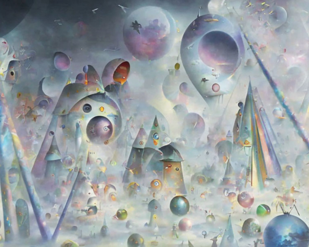 Colorful surreal fantasy landscape with whimsical eye-like structures and floating balloons.