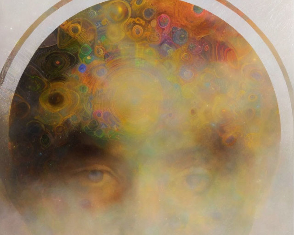 Colorful surreal artwork: Human face with cosmic circular patterns