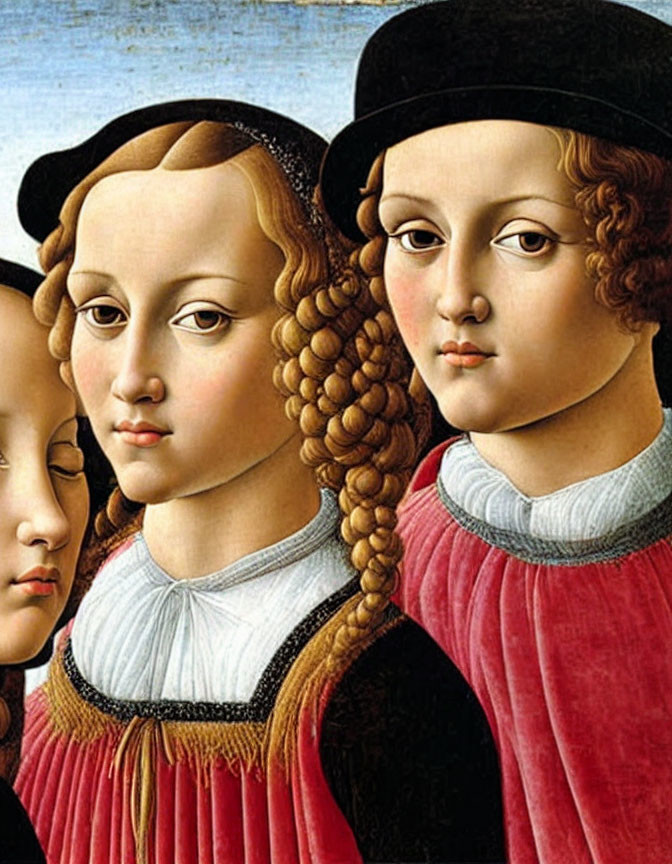Detailed Renaissance portrait of three individuals in period clothing and headwear