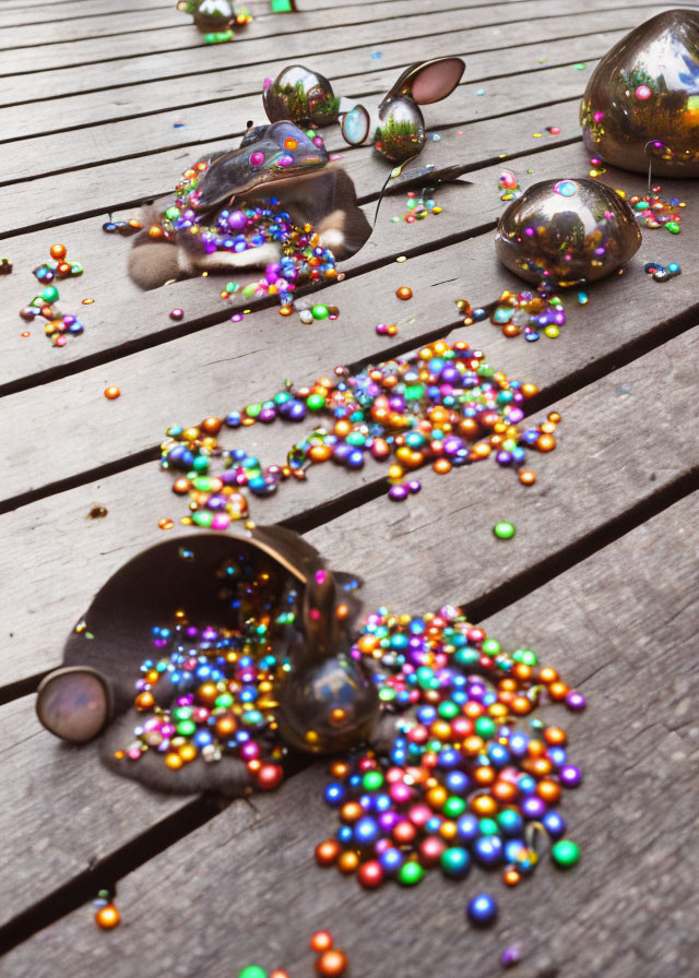 Colorful Beads and Hippo Toy with Sunglasses on Wooden Planks