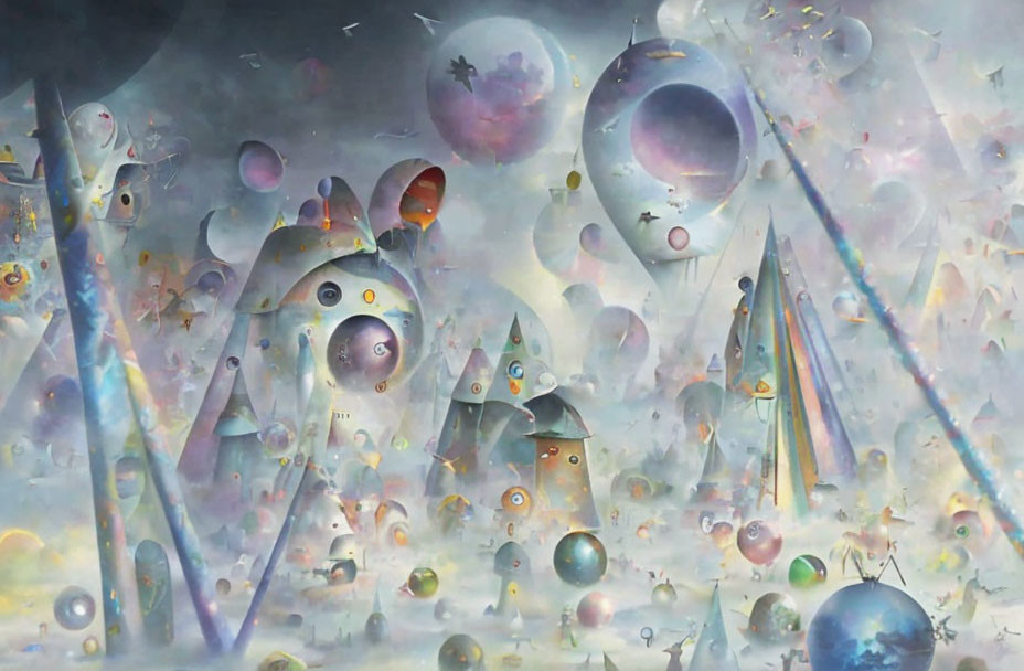 Colorful surreal fantasy landscape with whimsical eye-like structures and floating balloons.