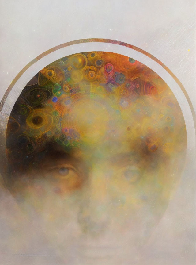 Colorful surreal artwork: Human face with cosmic circular patterns