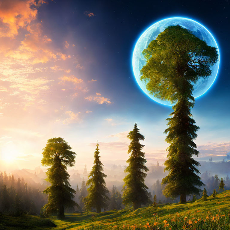 Surreal landscape with glowing blue moon over tall pine forest