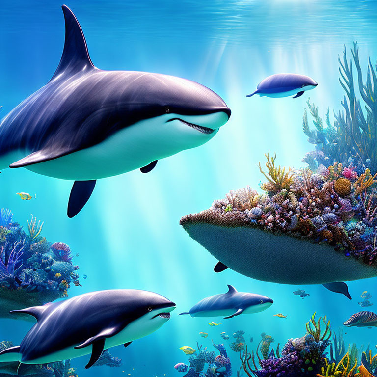 Colorful Coral Reef Scene with Dolphins Swimming in Vibrant Underwater Setting