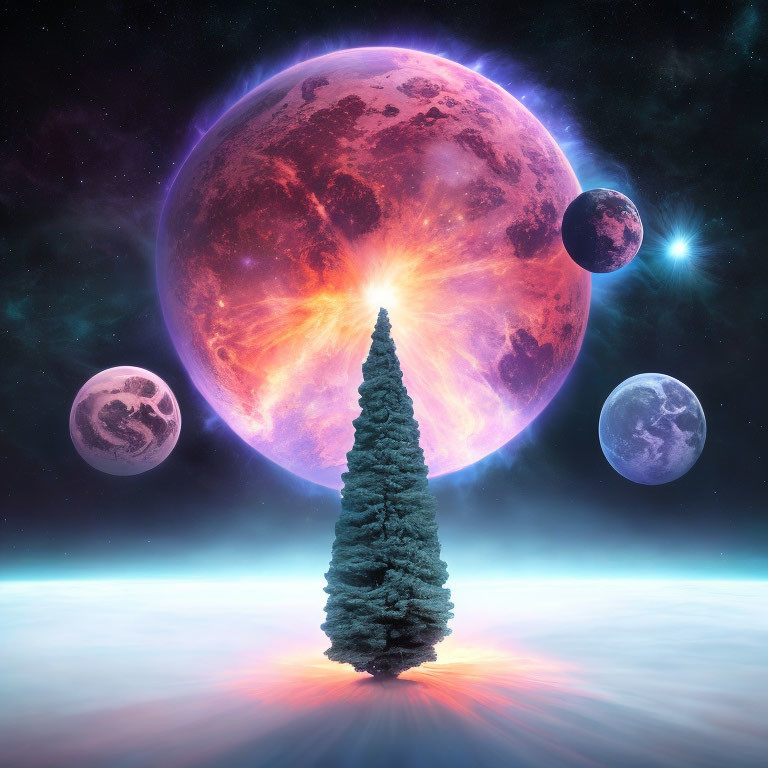 Solitary tree against cosmic backdrop with red planet and moons