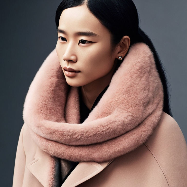 Woman in pale pink fur collar and coat, dark hair, subtle makeup, gazing against grey backdrop