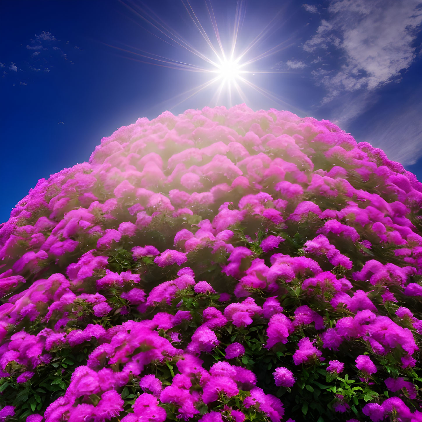 Bright pink blossoms on sunlit hill under fluffy clouds in blue sky