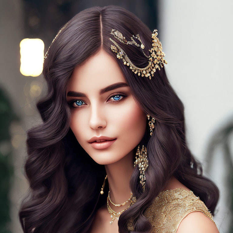 Woman with Blue Eyes and Wavy Brown Hair in Gold Outfit