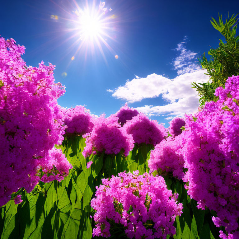 Bright pink crepe myrtle flowers in sunny blue sky with green foliage