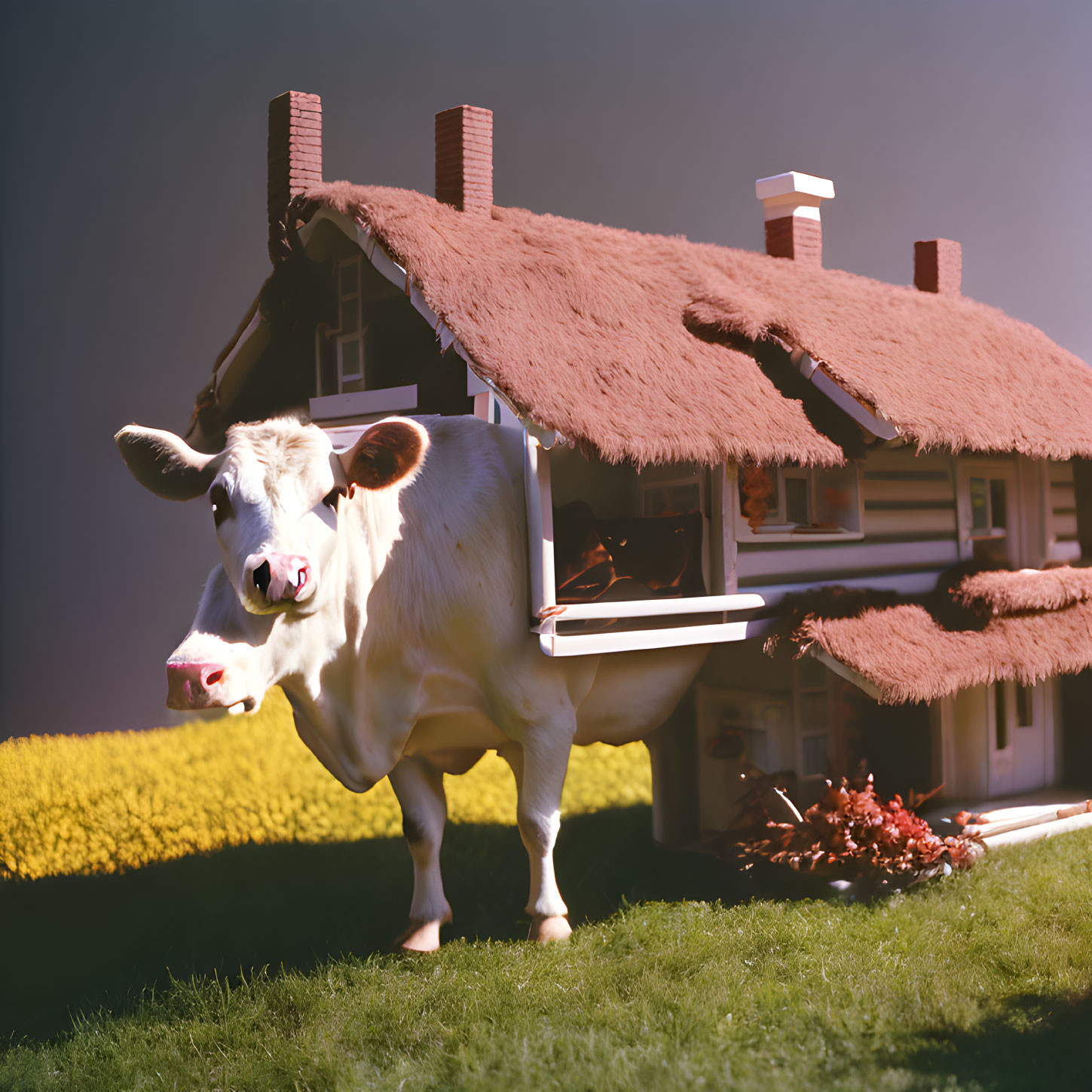 Cow with house body in yard at dusk: whimsical and unique image