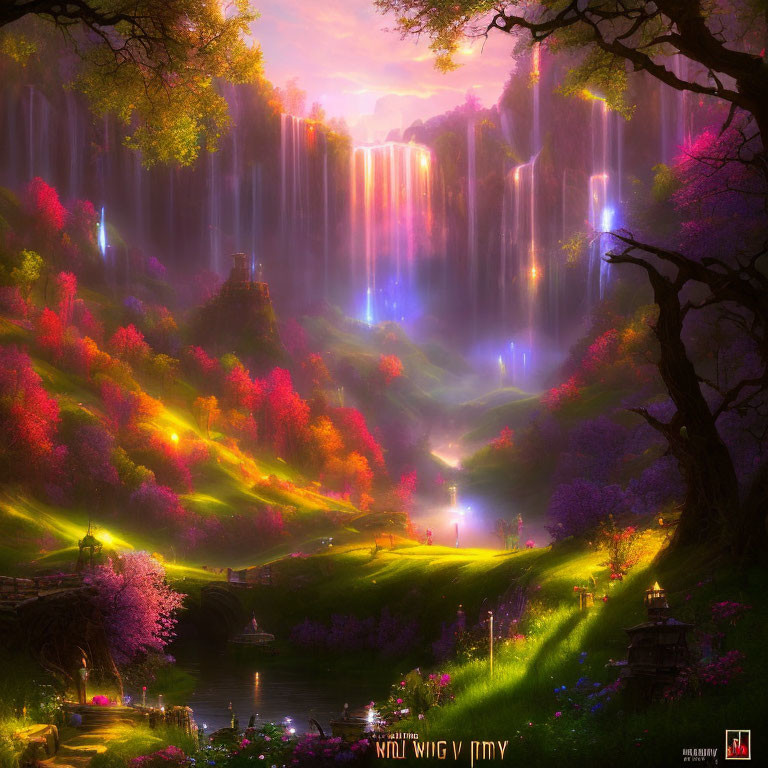 Vibrant colorful trees, radiant waterfalls, serene river in lush valley