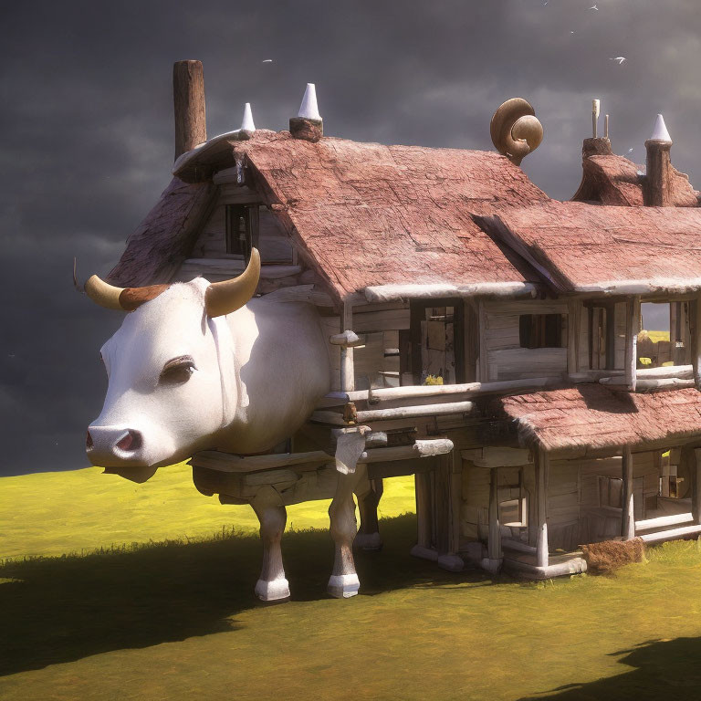 Whimsical house with thatched roof on gentle white cow in grassy field