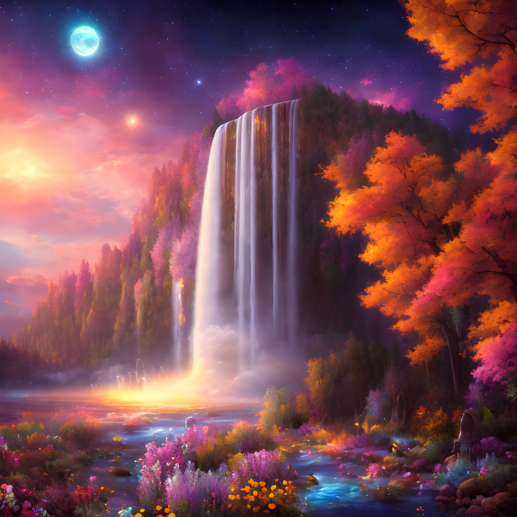 Majestic nighttime landscape with towering waterfall and autumn trees