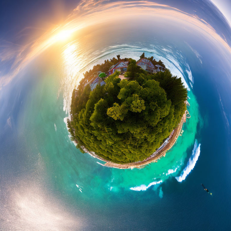 Circular Island with Dense Trees, Buildings, Blue Sea, and Sunset Sky