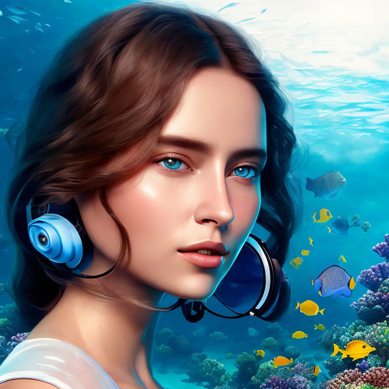 Woman with Blue Eyes and Headphones in Underwater Scene with Fish and Coral