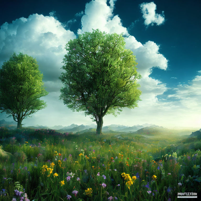 Tranquil landscape with lone tree, wildflowers, fluffy clouds