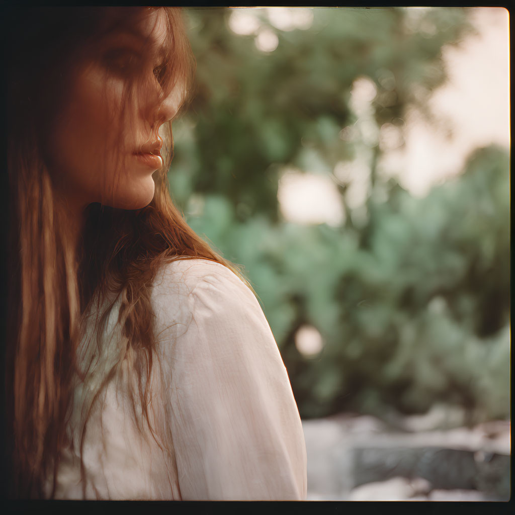 Long-haired person in soft focus against blurred background, pensive mood.