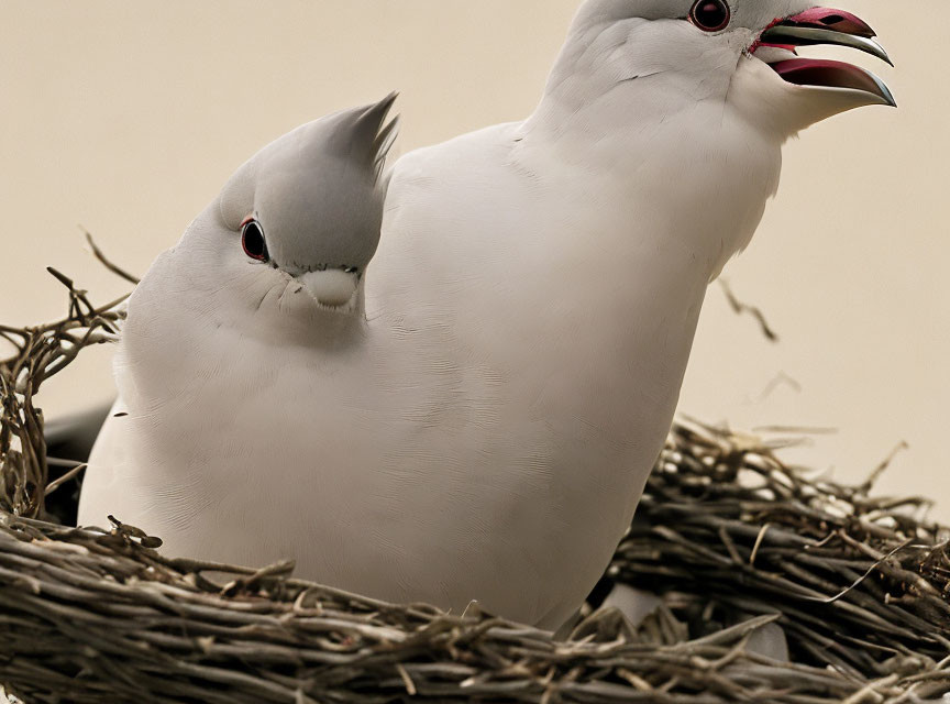 White doves in nest with one vocalizing