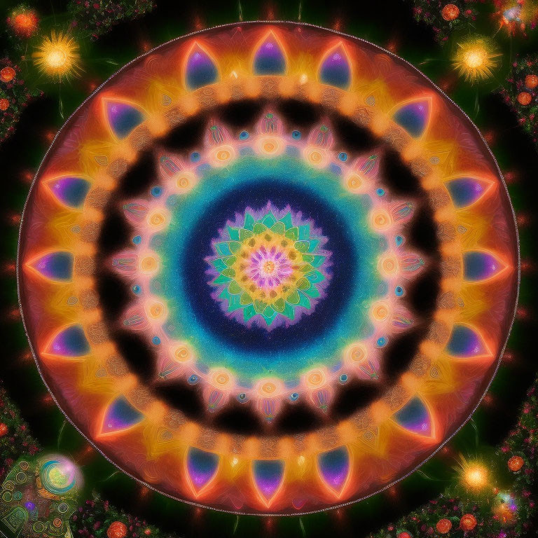 Colorful Symmetrical Mandala with Star and Floral Motifs