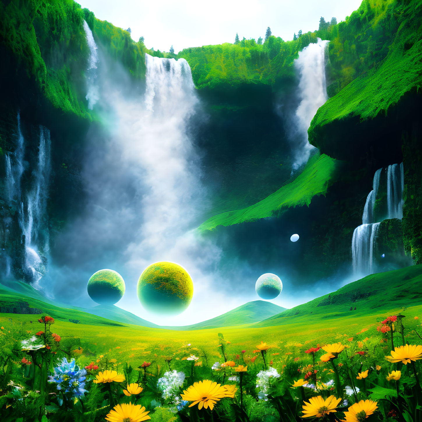 Majestic waterfall in surreal landscape with floating spheres