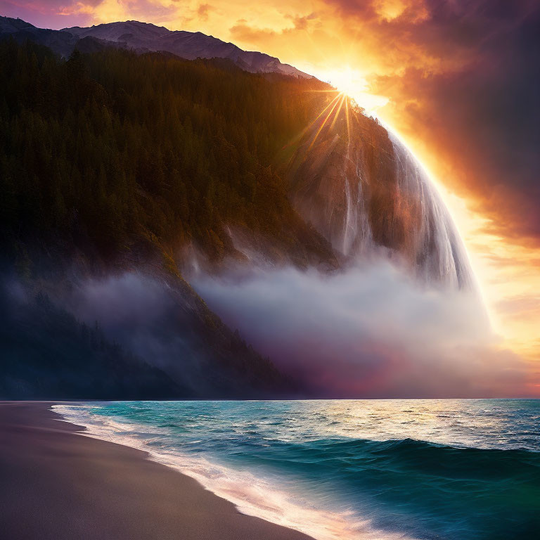 Majestic waterfall cascading into the sea at sunset