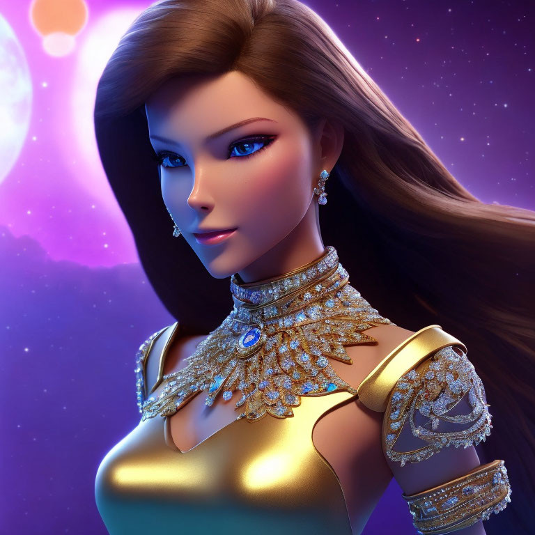 3D-rendered female character with long brown hair and blue eyes in golden jewelry on cosmic backdrop