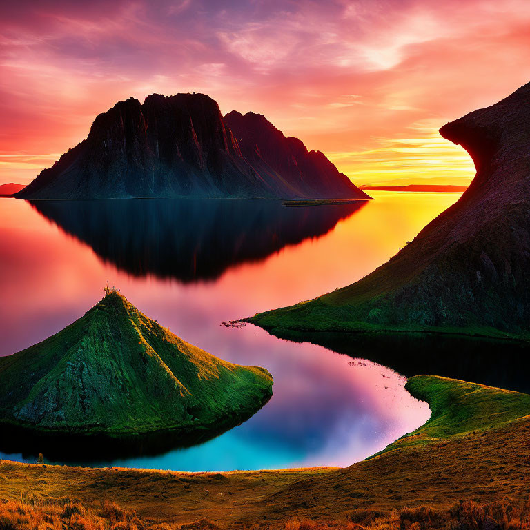 Scenic sunset with mountain, hill, and lake reflection