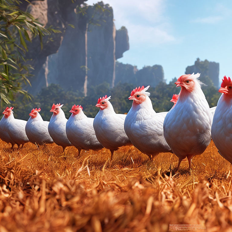 White chickens with red combs in row on farm with rock formations under clear sky