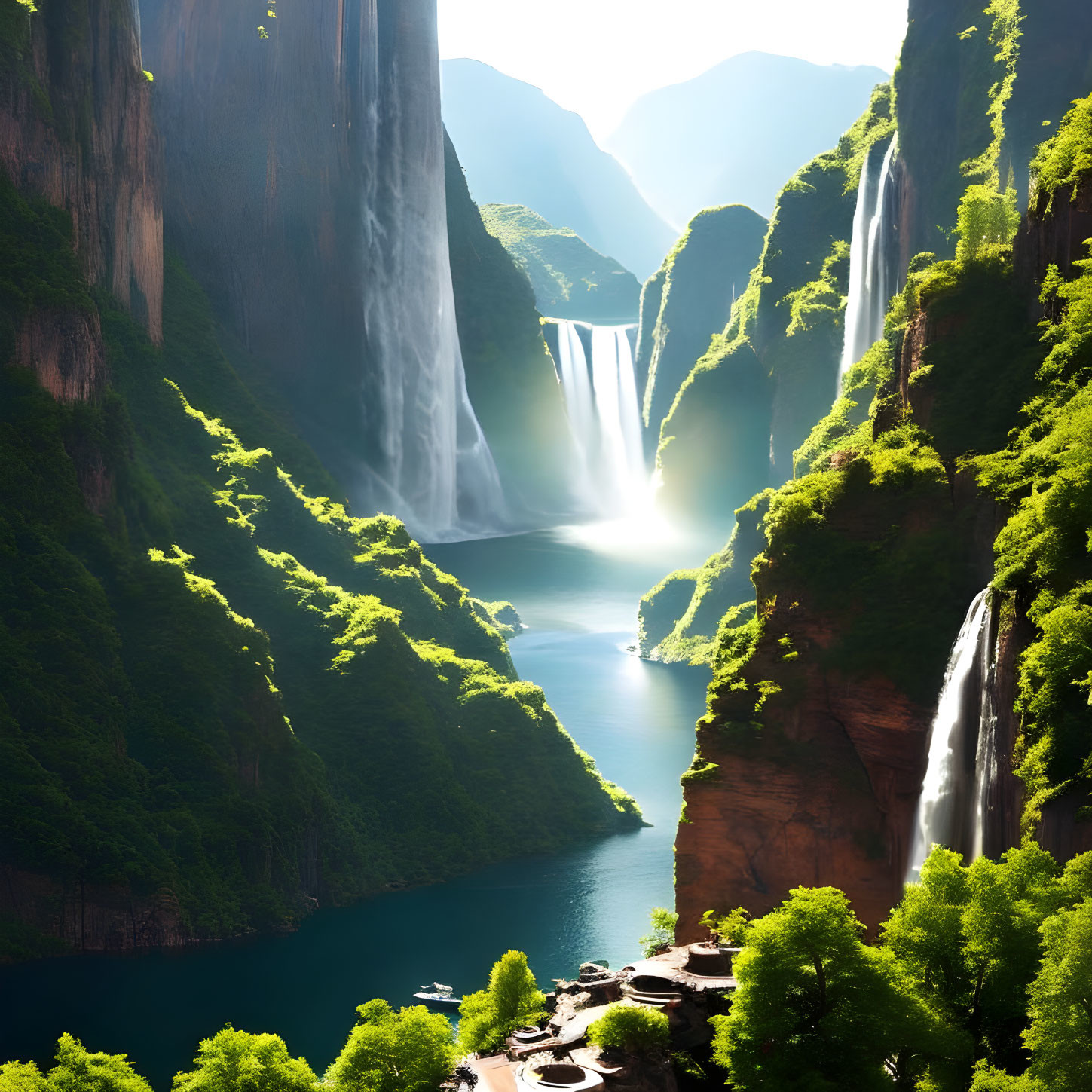 Landscape of canyon with waterfalls, greenery, and river under sunlight