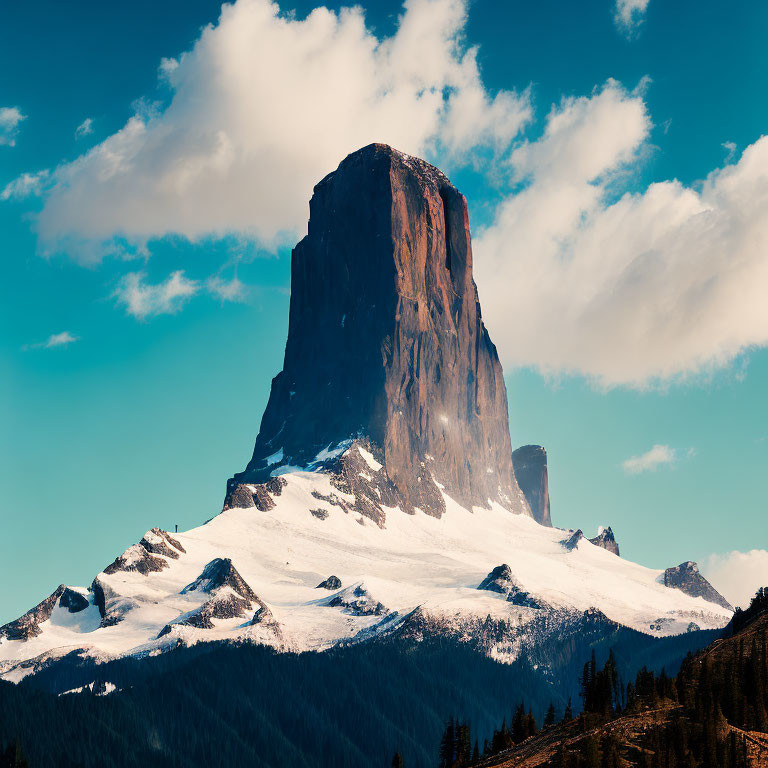 Snowy Mountain Peak Against Blue Sky and Clouds